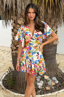 Multi Garden Print Wrap Top Short Sleeve Skater Mini Dress