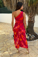 Pink And Orange Smudge Print One Shoulder Knot Skirt Midi Dress