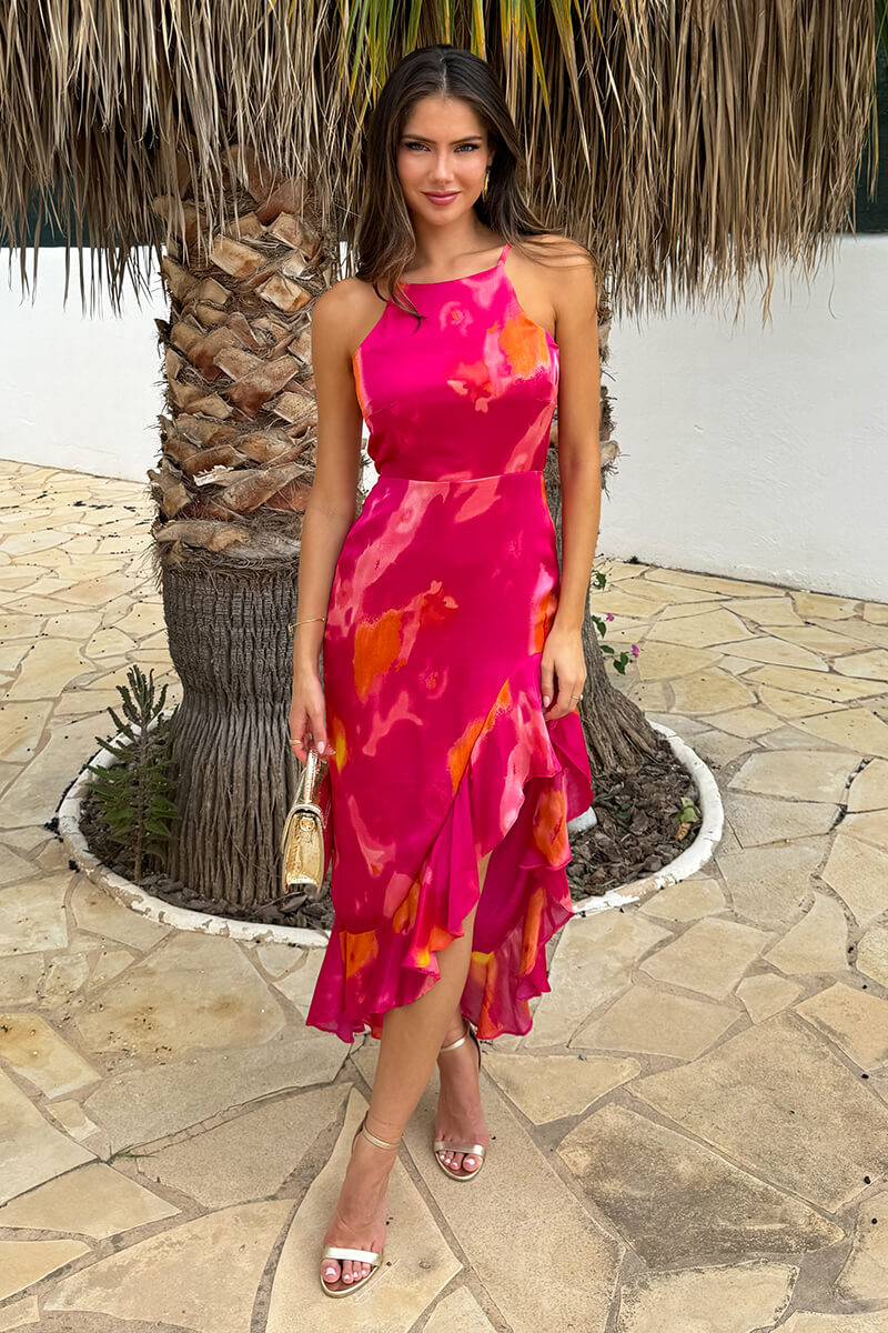 Pink Smudge Print Racer Neck High Low Frill Hem Midi Dress