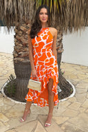 Orange Giraffe Print Racer Neck High Low Frill Hem Midi Dress