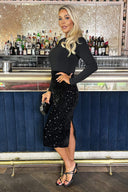 Black Velvet Sequin 2 in 1 Long Sleeve Midi Dress