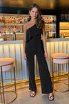 Black Sparkle One Shoulder Frill Belted Jumpsuit