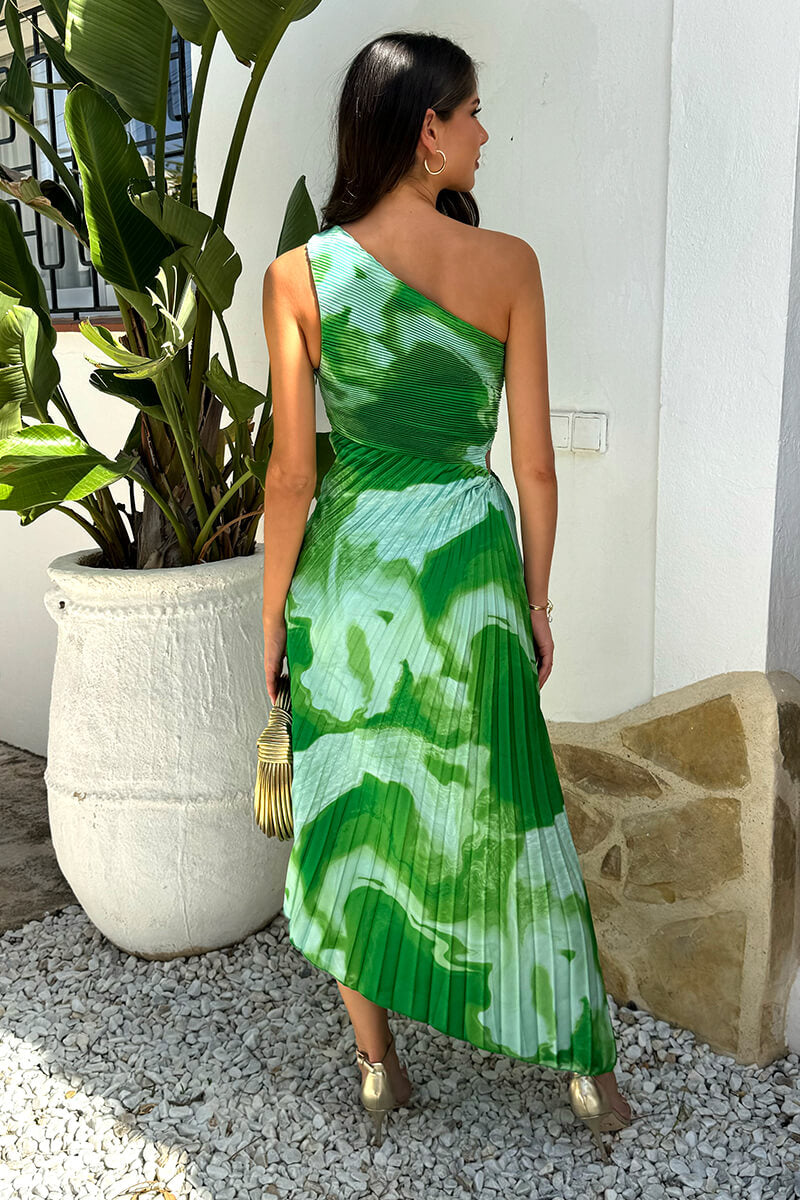 Green Tie Dye Print One Shoulder Cut Out Pleated Midi Dress