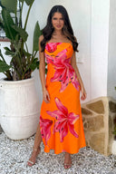 Orange And Pink Floral Print Strappy Slip Midi Dress