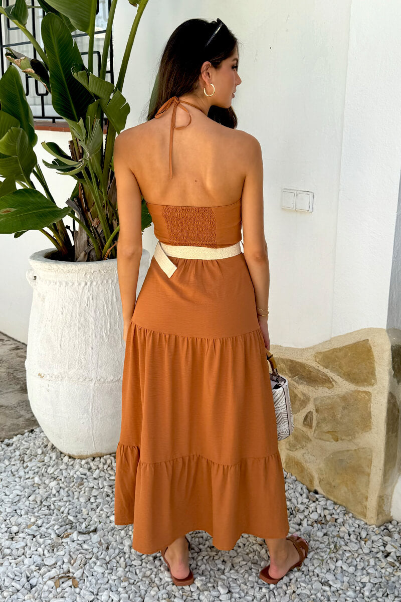 Rust Halterneck Straw Belt Tiered Midi Dress