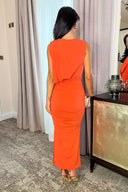 Burnt Orange Sleeveless Draped Top Ruched Skirt Midi Dress