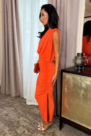 Burnt Orange Sleeveless Draped Top Ruched Skirt Midi Dress