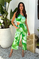 Green Tie Dye Print One Shoulder Cut Out Jumpsuit