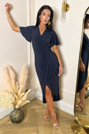 Navy Short Sleeve Ring Detail Wrap Midi Dress