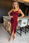 Wine Satin Strappy Cowl Neck Gathered Skirt Midi Dress