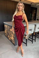 Wine Satin Strappy Cowl Neck Gathered Skirt Midi Dress