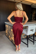 Wine Satin Strappy Cowl Neck Gathered Skirt Midi Dress