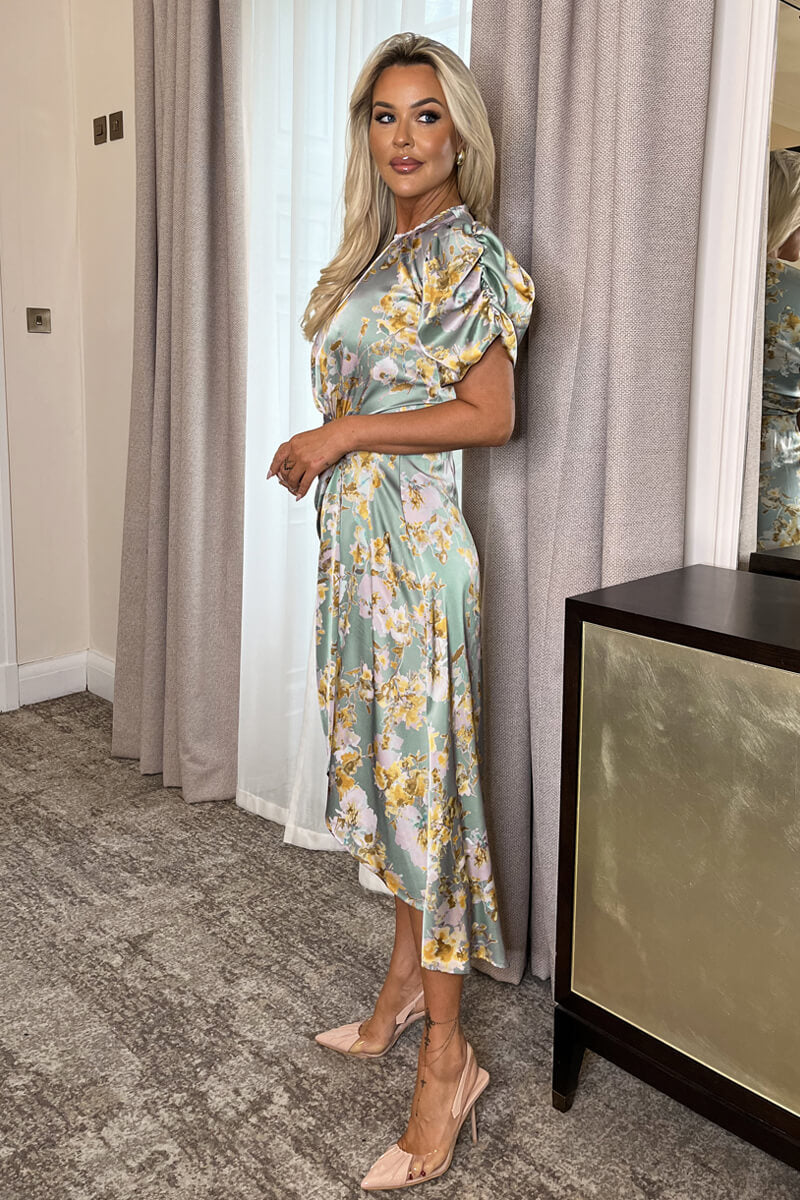 Duck Egg Floral Print Puff Sleeve Gathered Side Midi Dress