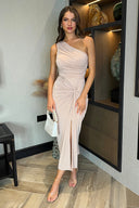 Nude One Shoulder Knot Skirt Midi Dress