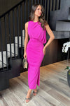 Hot Pink Sleeveless Draped Top Ruched Skirt Midi Dress