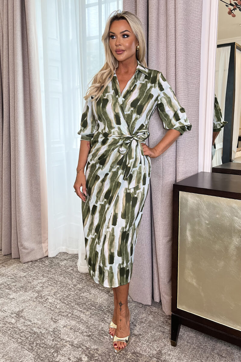 Khaki Brush Stroke Print 3/4 Sleeve Tie Waist Wrap Shirt Midi Dress