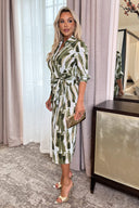 Khaki Brush Stroke Print 3/4 Sleeve Tie Waist Wrap Shirt Midi Dress