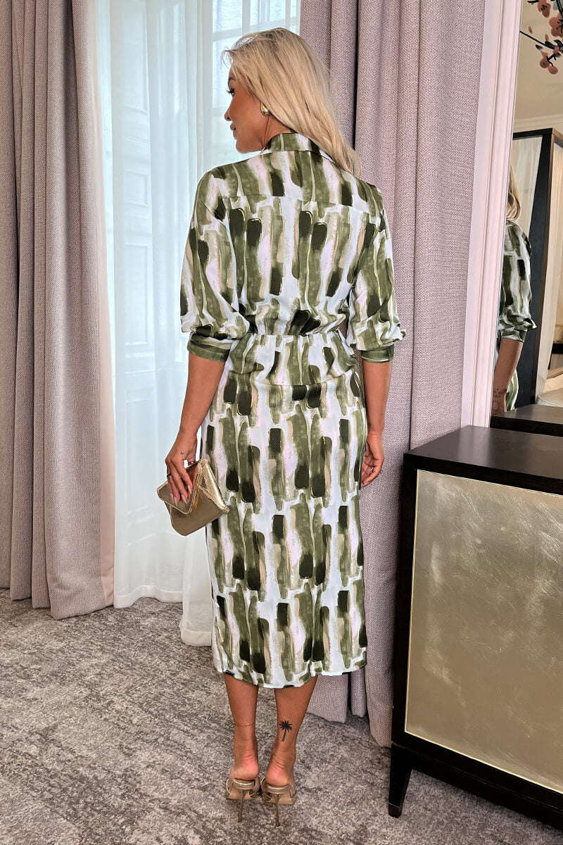 Khaki Brush Stroke Print 3/4 Sleeve Tie Waist Wrap Shirt Midi Dress