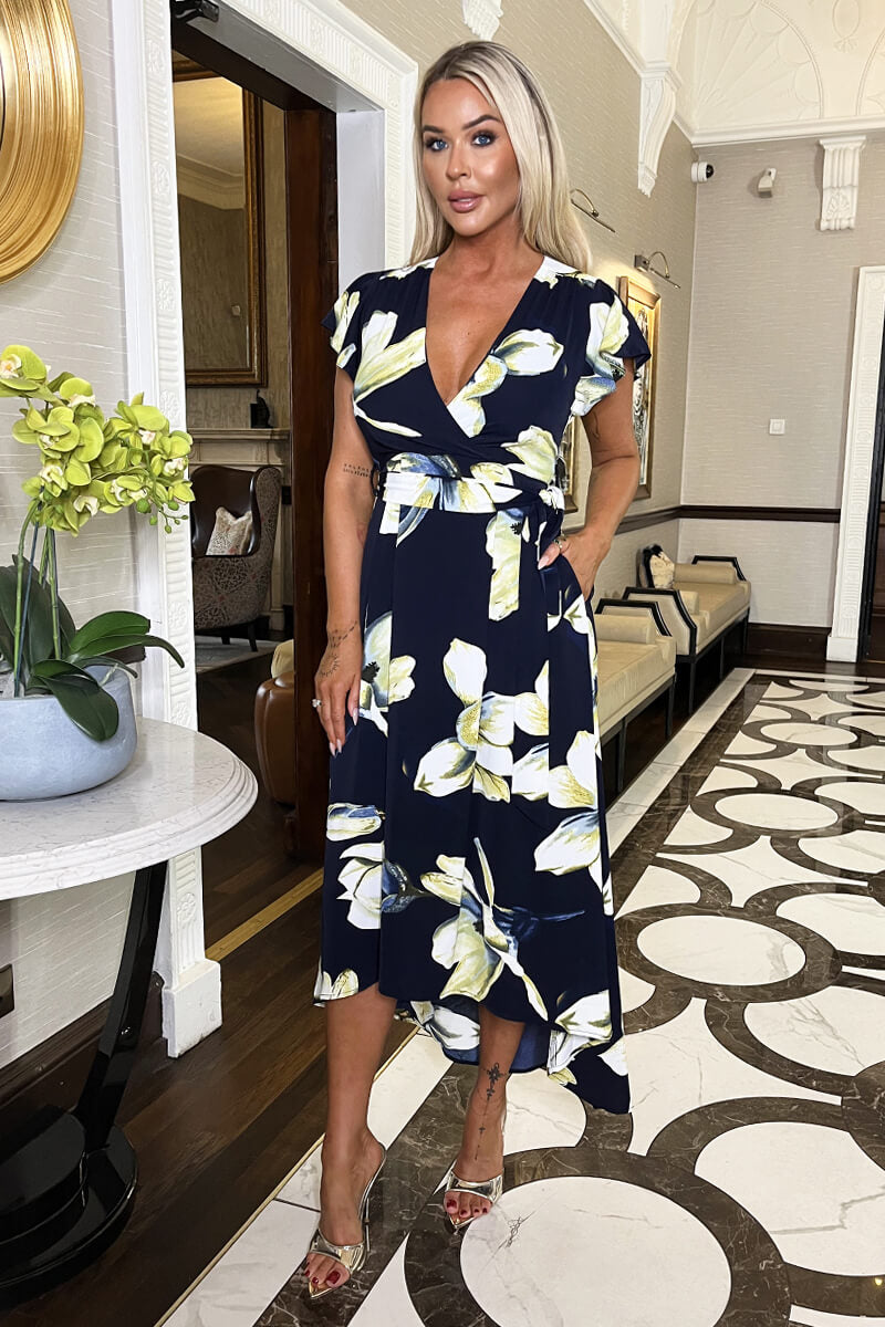 Navy Floral Print Short Sleeve Belted Wrap Midi Dress