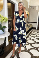 Navy Floral Print Short Sleeve Belted Wrap Midi Dress