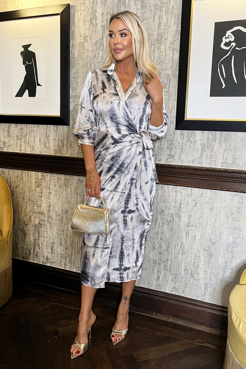 Grey Printed 3/4 Sleeve Side Tie Waist Wrap Shirt Midi Dress