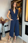 Navy Wrap Top Flutter Sleeve Belted Jumpsuit