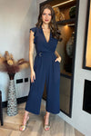 Navy Wrap Top Flutter Sleeve Belted Jumpsuit