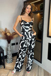 Black And White Leaf Print Strappy Cowl Neck Jumpsuit