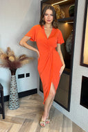 Burnt Orange Short Sleeve Ring Detail Wrap Midi Dress