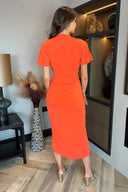 Burnt Orange Short Sleeve Ring Detail Wrap Midi Dress