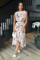 Blush Floral Print Gathered Midi Dress With Shoulder Pads