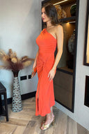 Burnt Orange One Shoulder Knot Skirt Midi Dress