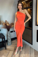 Burnt Orange One Shoulder Knot Skirt Midi Dress