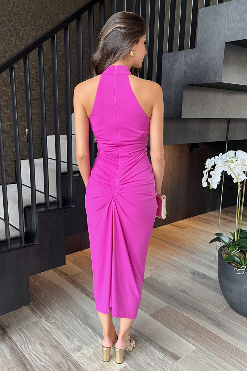 Hot Pink Halter Neck Knot Skirt Midi Dress