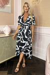 Black And White Leaf Print Puff Sleeve Wrap Midi Dress