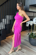 Hot Pink One Shoulder Knot Skirt Midi Dress