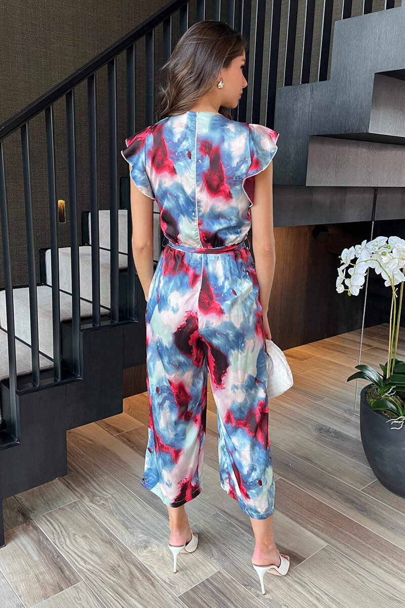 Multi Smudge Print Wrap Top Belted Jumpsuit