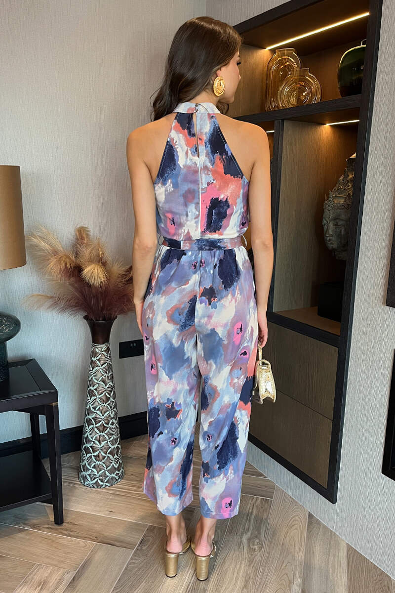 Multi Smudge Print Halter Neck Tie Waist Jumpsuit