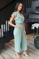 Duck Egg Wrap Top Flutter Sleeve Belted Jumpsuit