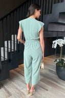 Duck Egg Wrap Top Flutter Sleeve Belted Jumpsuit