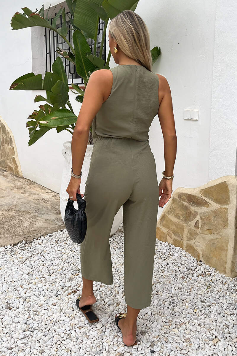 Khaki Racer Neck Tie Waist Jumpsuit