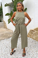 Khaki Racer Neck Tie Waist Jumpsuit