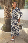 Navy And Cream Abstract Print 3/4 Sleeve Tie Waist Shirt Midi Dress