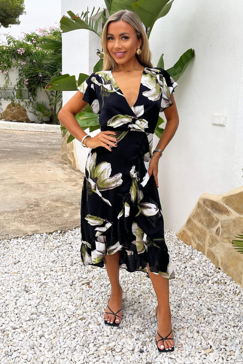 Black And White Floral Print Frill Hem Wrap Midi Dress