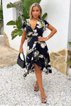 Black And White Floral Print Frill Hem Wrap Midi Dress