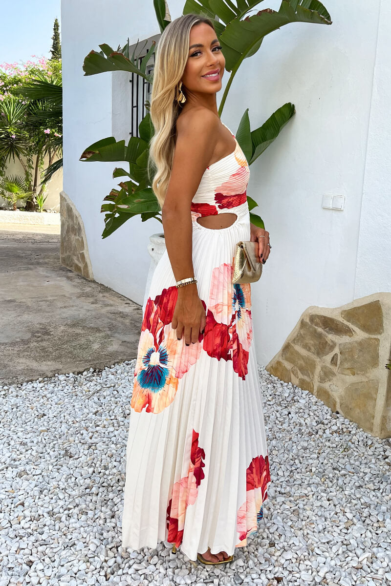 Cream Bold Floral Print One Shoulder Cut Out Pleated Midi Dress