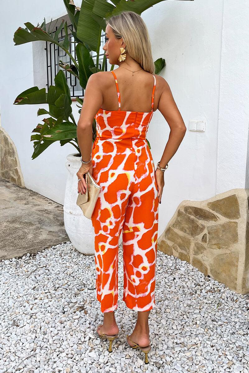 Orange Giraffe Print Strappy Racer Neck Jumpsuit