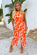 Orange Giraffe Print Strappy Racer Neck Jumpsuit