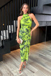 Lime Tie Dye Print Halter Neck Knot Skirt Mesh Midi Dress