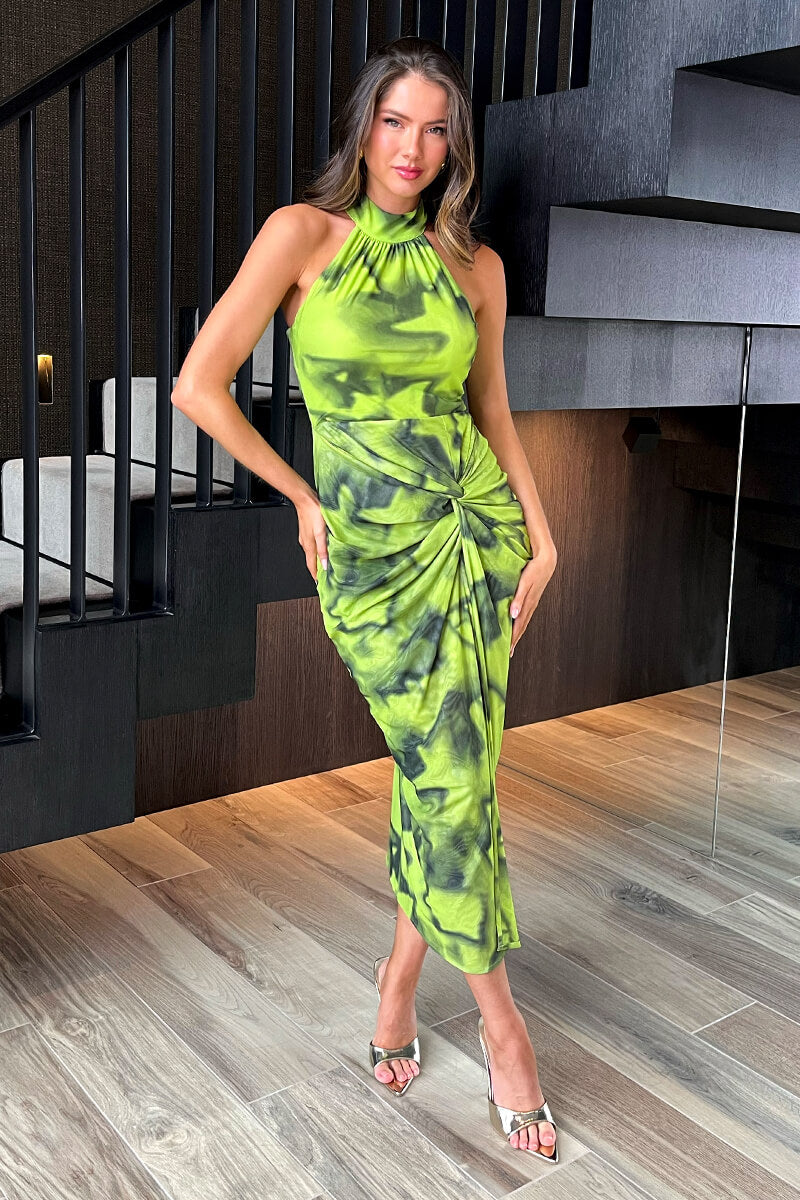 Lime Tie Dye Print Halter Neck Knot Skirt Mesh Midi Dress